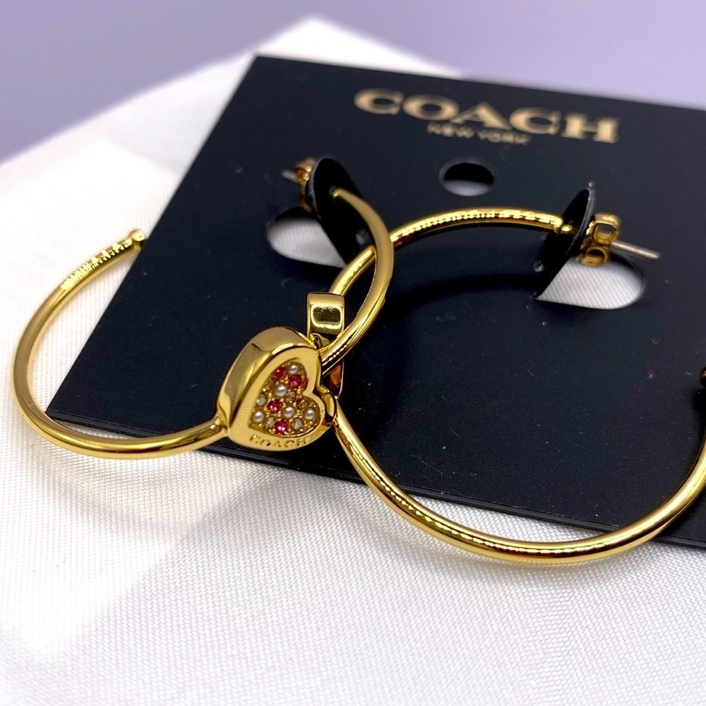 COACH Gold Heart Hoop Earrings - Picture 2 of 5